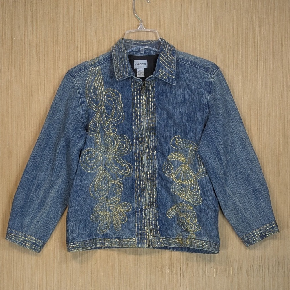 Chicos Denim Blue Jacket Womens Medium Metallic Gold Embroidery Baggy Oversized